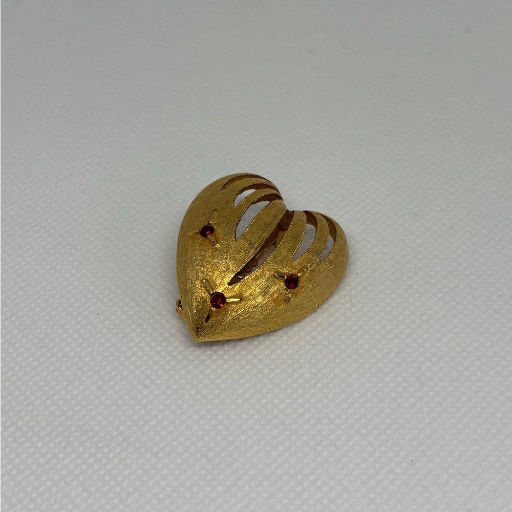 Vintage Heart Shaped Brooch with Red Gemstones